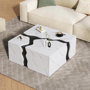 Tavolino da caffè, dimensioni 70 x 70 x 31 cm, realizzato in pannello di particelle di legno al 100%, colore bianco, superficie con effetto marmo, dotato di 1 cassetto, design geometrico a forma di cubo