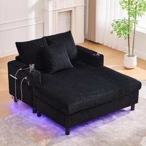 Poltrona reclinabile 142x128x85 cm, ampia poltrona da relax in tessuto cord nero, dotata di prese USB, illuminazione a LED e portabicchieri, ideale per il soggiorno
