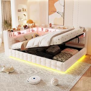 Divano letto 140x200 cm con vano contenitore a sistema idraulico, barra luminosa a LED, presa di corrente, porte USB e di tipo C, rivestito in velluto color beige con scaffali in legno