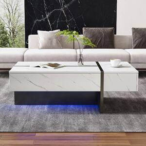 Tavolino da salotto, dimensioni 105 x 60 x 35 cm, realizzato in pannello di particelle al 100%, colore bianco, dotato di 3 cassetti, illuminazione LED e piano superiore lucido con motivo marmorizzato