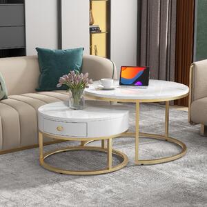 Set di due tavolini da caffè, forma rotonda, dimensioni 70 x 70 x 48 cm e 50 x 50 x 43,5 cm, realizzati in MDF al 100%, colore bianco, design impilabile, aspetto marmo con finitura lucida