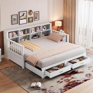 Divano letto estraibile, dimensioni da 90x190 cm a 180x190 cm, realizzato in legno di pino verniciato di bianco, con vano contenitore nella schienale, presa di corrente, 2 cassetti e rete a doghe