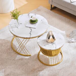 Set di 2 tavolini da caffè, dimensioni 70x70x45 cm e 45x45x40 cm, realizzati in MDF al 100%, con struttura in metallo, colore bianco, set di 2 tavolini rotondi con funzione impilabile