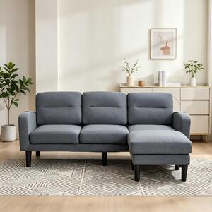 Divano ad angolo a forma di L, 3 posti, con chaise longue, colore grigio, rivestito in tessuto, dimensioni 204x136x80 cm