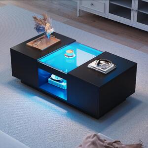 Tavolino da caffè, dimensioni 100 x 50 x 35,5 cm, realizzato in pannello di particelle al 100%, colore nero, con piano in vetro, illuminazione LED, controllo tramite app, 2 cassetti, 1 vano aperto