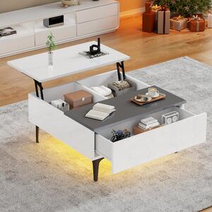 Tavolino da caffè 70x70x35 cm, tavolino con altezza regolabile e spazio contenitivo, realizzato in MDF bianco e grigio, con piano lucido, cassetto e illuminazione LED RGB controllabile tramite app