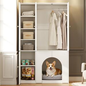 Okwish: Armadio contenitore con spazio per animali domestici e scomparti, armadio alto, armadio per bambini con appendiabiti, design a quattro ante, ideale per la camera da letto, colore bianco (senza cuscino per cani)