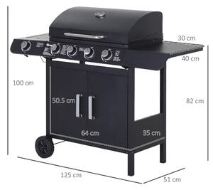 Outsunny Barbecue a Gas a 5 Fornelli con Ripiani Laterali e Armadietto, in Acciaio e PP, 125x51x100 cm, Nero