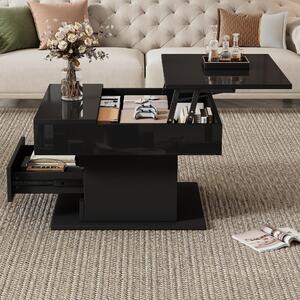 Tavolino da divano, dimensioni 70 x 70 x 45 cm, realizzato in pannello di particelle al 100%, colore nero, forma quadrata, con piano girevole a 360°, regolabile in altezza fino a 59 cm, dotato di 1 cassetto