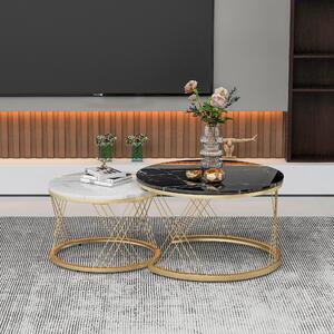 Set di due tavolini da caffè, forma rotonda, dimensioni 70x70x45 cm e 45x45x40 cm, realizzati in MDF con impiallacciatura effetto marmo, colore bianco e nero, design impilabile, struttura in metallo dorato