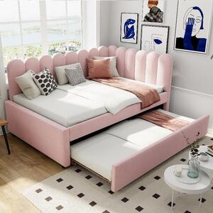 Divano letto a forma di L, 140x200 cm, con struttura imbottita, letto estraibile, rivestimento in velluto rosa e schienale a forma di petalo, ideale per soggiorni e camere per gli ospiti