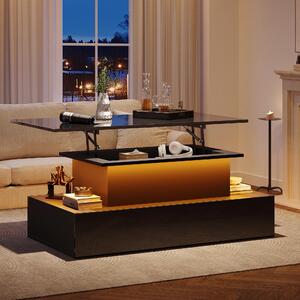 Tavolino da divano 90x55x41 cm, realizzato in pannello di particelle al 100%, colore nero, con illuminazione a LED, 4 cassetti, piano estendibile e spazio contenitivo nascosto