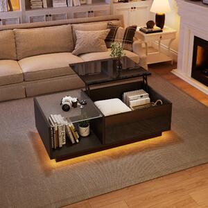 Tavolino da divano, dimensioni 100 x 50 x 33-46,5 cm, realizzato in pannello di particelle al 100%, colore nero, finitura lucida, con piano ribaltabile, illuminazione LED e spazio contenitivo