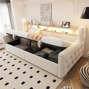 Divano letto 90x200 cm in velluto beige, con vano contenitore a sollevamento idraulico, illuminazione LED, ripiano portaoggetti, presa di corrente, porte USB e di tipo C, e rete a doghe