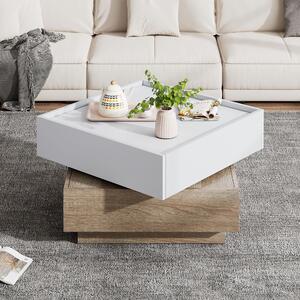 Tavolino da salotto, dimensioni 60x60x38 cm, realizzato in pannello di particelle al 100%, colore bianco e noce, girevole a 360°, dotato di 2 cassetti e 2 ripiani