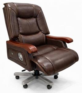 Elegante poltrona da ufficio in pelle nera con struttura in legno e seduta confortevole
