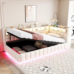 Divano letto 90x200 cm con vano contenitore a pistone idraulico, barra luminosa a LED, presa di corrente, porte USB e di tipo C, rivestito in velluto beige con scaffali in legno