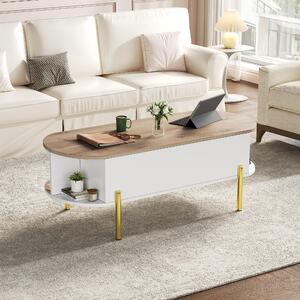 Tavolino da caffè 120 x 50 x 43 cm, tavolino da caffè in MDF con altezza regolabile, bianco/legno naturale, dotato di spazio contenitivo nascosto e 7 ripiani