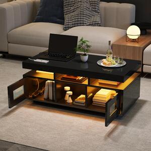 Tavolino da divano, dimensioni 100x50x43 cm, realizzato in pannello di particelle di legno al 100%, colore nero, superficie e fianchi in finitura lucida, dotato di illuminazione LED, presa di corrente e porta USB
