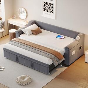 Divano letto imbottito, dimensioni 90x190 cm, estendibile a 180x190 cm, rivestito in velluto grigio, dotato di sistema stereo Bluetooth, porta USB per la ricarica e rete a listelli