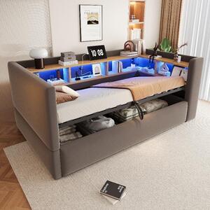 Divano letto 90x190 cm di colore grigio scuro, dotato di vano contenitore idraulico, illuminazione a LED, presa di corrente e ripiani portaoggetti, con struttura imbottita per un comodo utilizzo come letto singolo