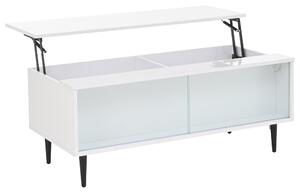 Tavolino da divano, dimensioni 105 x 50 x 43 cm, con altezza regolabile fino a 58 cm, realizzato in pannello di particelle di legno al 100%, con piano in vetro temperato, colore bianco, dotato di spazio contenitivo nascosto e illuminazione a LED