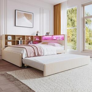 Divano letto 140x200 cm con letto estraibile 90x190 cm, illuminazione a LED, prese USB, Type-C e presa di corrente, diversi scomparti portaoggetti, colore beige in flanella
