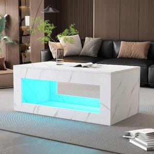 Tavolino da caffè, dimensioni 100 x 50 x 50 cm, realizzato in pannello di particelle di legno al 100%, colore bianco, piano superiore laccato lucido, dotato di illuminazione a LED, vano contenitore aperto e telecomando