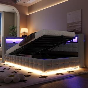 Divano letto 90x200 in grigio chiaro, con vano contenitore a sistema idraulico, scaffali in legno, striscia LED, presa di corrente, porta USB e porta di tipo C