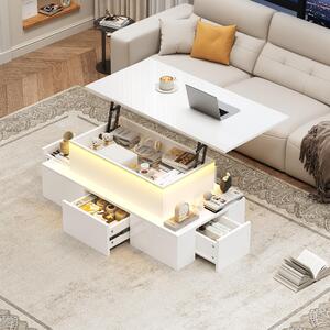 Tavolino da divano 100 x 50 x 40 cm, tavolino da divano in MDF bianco, con altezza regolabile, dotato di 4 cassetti, spazio contenitivo nascosto e illuminazione LED