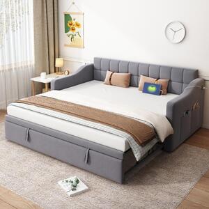 Divano letto 2 in 1, 90x190 cm, con meccanismo estraibile per trasformarlo in un letto imbottito di 90x180 cm, rivestito in velluto grigio, dotato di porte USB per la ricarica e con tasca portaoggetti