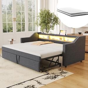 Divano letto 90x190 cm, estendibile a 180x190 cm, divano letto imbottito grigio scuro con illuminazione LED, porta USB, 3 vani portaoggetti, rete a doghe e 2 materassi a molle