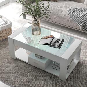 Tavolino da salotto 100 x 50 x 40 cm con piano in vetro, 2 cassetti, vano aperto e spazio contenitivo, realizzato in pannello di particelle di legno (MDF), colore bianco