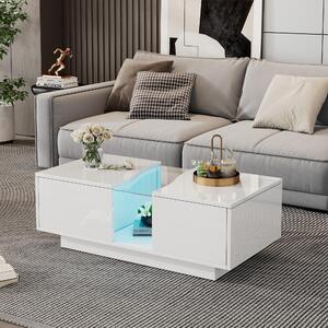 Tavolino da caffè, dimensioni 100 x 50 x 35 cm, realizzato in MDF al 100%, con piano in acrilico, colore bianco, dotato di 2 cassetti, piano in acrilico e illuminazione LED controllabile tramite app