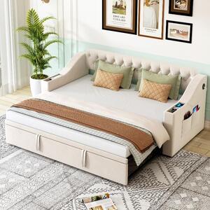 Divano letto imbottito, dimensioni 90x190 cm. Divano letto estendibile, dimensioni 180x190 cm, con porta USB, braccioli con spazio contenitore e tasche laterali, rivestito in velluto color beige