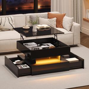 Tavolino da divano, dimensioni 65 x 65 x 38,5 cm, realizzato in pannello di particelle al 100%, colore nero. Tavolino sollevabile con 2 cassetti, spazio contenitivo nascosto e illuminazione LED