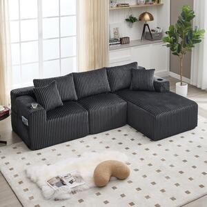 Divano grigio a 3 posti, divano modulare con chaise longue, rivestimento in velluto, 5 cuscini, tasche laterali e portabicchieri, dimensioni 257x160x62 cm