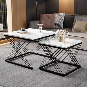 Set di due tavolini da caffè, dimensioni 60x60x45 cm e 45x45x40 cm, in MDF, colore bianco, con piano quadrato e finitura lucida effetto marmo, e piedini regolabili in altezza