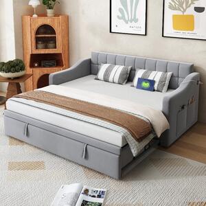 Divano letto 2 in 1, dimensioni 90x190 cm, con struttura estraibile, rivestito in velluto color grigio chiaro, dotato di porte USB per la ricarica, una tasca portaoggetti e una rete a doghe in metallo e legno