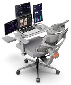 Sedia da ufficio ergonomica - NT002 con piano d'appoggio - Supporto lombare adattivo - Poggiapiedi - 4 livelli di inclinazione - Schienale, braccioli e poggiatesta regolabili - Girevole con rotelle - Grigio