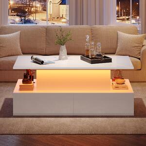 Tavolino da divano, dimensioni 90x55x41 cm, realizzato in pannelli di particelle di legno al 100%, colore bianco, con illuminazione a LED, 4 cassetti e piano estendibile