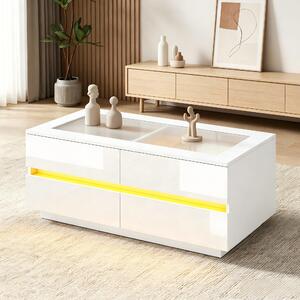 Tavolino da salotto, dimensioni 100x50x40 cm, realizzato in pannello di particelle di legno al 100%, con piano in vetro, colore bianco, dotato di 4 cassetti, illuminazione LED e piano in vetro temperato