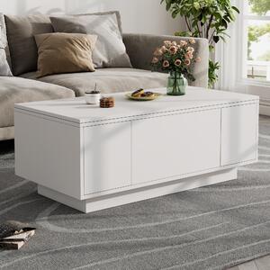 Tavolino da divano, dimensioni 100 x 50 x 43 cm, realizzato in pannello di particelle rivestito in bianco, dotato di un meccanismo di sollevamento a doppio sistema, vano contenitore nascosto e 2 ante
