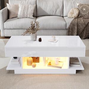 Tavolino da divano, dimensioni 98 x 45 x 40 cm, realizzato in pannello di particelle di legno al 100%, colore bianco, con piano regolabile in altezza fino a 54,5 cm, dotato di 2 scomparti a ribalta e illuminazione LED
