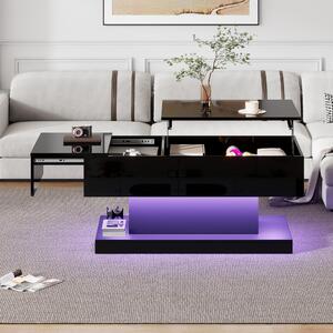 Tavolino da divano, dimensioni 100x50x45 cm, realizzato in pannello di particelle al 100%, colore nero, con illuminazione a LED, piano del tavolo sollevabile idraulicamente e scorrevole lateralmente