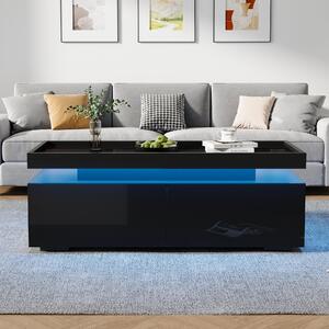 Tavolino da caffè, dimensioni 95 x 45 x 35 cm, realizzato in pannello di particelle di legno al 100%, colore nero, con illuminazione a LED, 2 cassetti e ripiano semiaperto