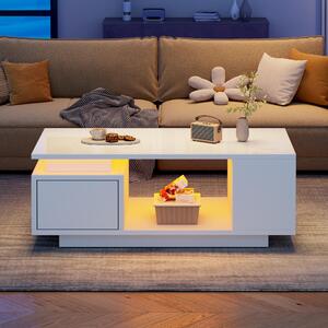 Tavolino da salotto, dimensioni 100 x 50 x 36 cm, realizzato in pannello di particelle di legno al 100%, colore bianco, dotato di 1 cassetto, 4 vani portaoggetti laterali e illuminazione a LED