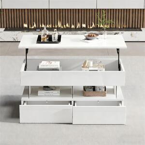 Tavolino da divano, dimensioni 100 x 50 x 46 cm, realizzato in pannello di particelle di legno al 100%, con finitura in acrilico bianco, altezza regolabile, dotato di spazio contenitivo nascosto, 2 cassetti e illuminazione LED