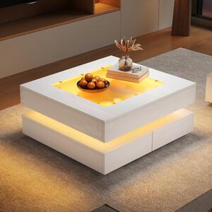 Tavolino da salotto, dimensioni 70 x 70 x 35 cm, realizzato in pannello di particelle al 100%, con piano in vetro, colore bianco, piano in vetro quadrato, dotato di illuminazione a LED e 3 cassetti