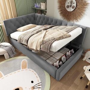 Divano letto imbottito 90x190 o 180x190, rivestito in flanella, con spazio contenitore, illuminazione LED e prese di corrente, color beige, dimensioni 214x182x74 cm
